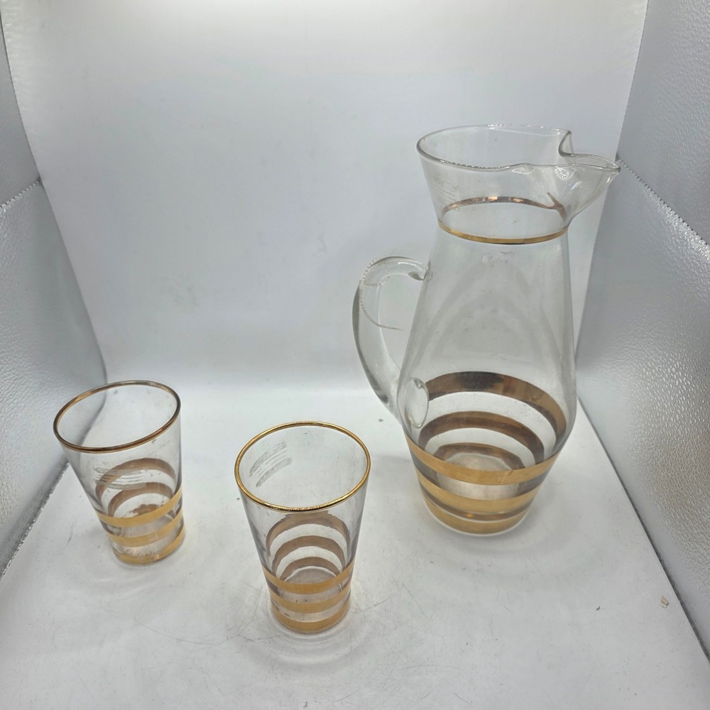 Vintage MCM Gold Band Glass Pitcher & 2 Tumblers Mid Century Barware Set
